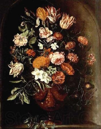 unknow artist A still life with tulips, roses, a red turban cup lily, auricula, jasmin, an iris, carnations and other flowers in a vase, all in a stone niche.